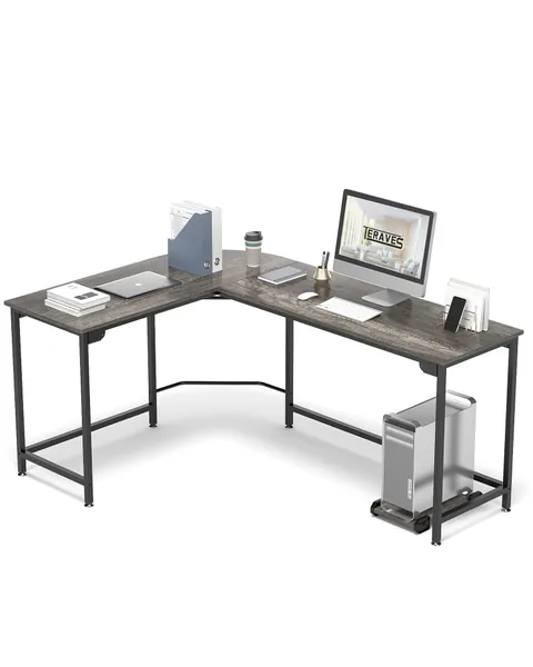 Teraves Modern L-Shaped Desk Corner Computer Desk Home Office Study Workstation Wood & Steel PC Laptop Gaming Table (Large, Black Oak)