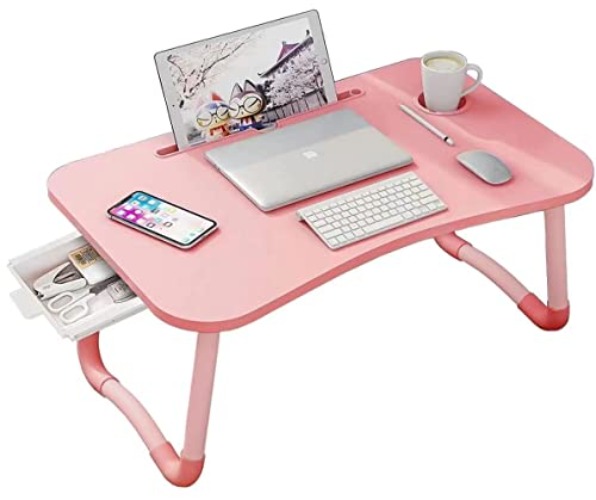 Laptop Desk Foldable Bed Table, Portable Lap Desk Laptop Bed Tray Table with Storage Drawer and Cup Holder, Lap Tray Table Notebook Stand Reading Desk Breakfast Tray for Bed Couch Sofa Floor – Pink