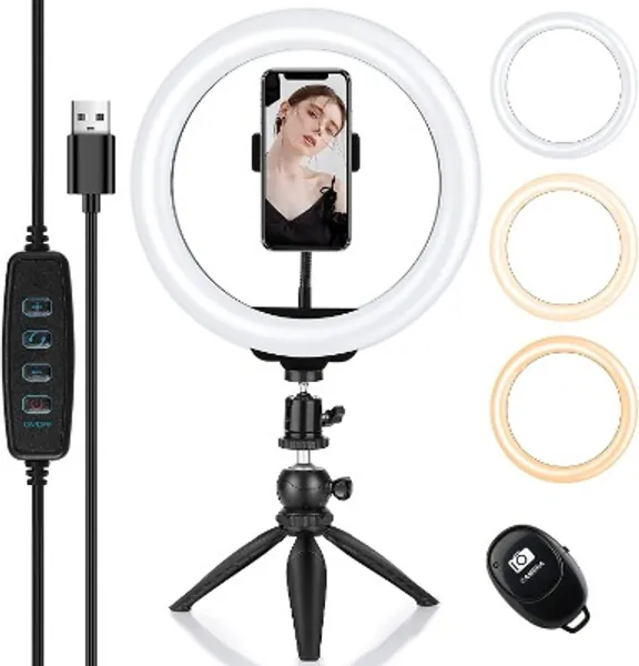 Ring Light with Mini Tripod Stand,Rimposky Dimmable LED Selfie Light Ring for Live Streaming Makeup YouTube Video Vlog Photography,Desk Video Conference Lighting