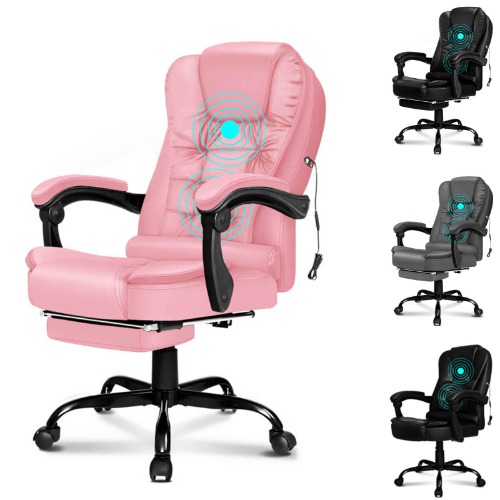ALFORDSON Ergonomic Office Chair with Massage, Footrest and 150° Recline, PU Leather Executive Managerial Chair with SGS Listed Gas-Lift, Swivel Gaming Chair for Computer Task Desk, Max 150kg (Pink) / Classic Black