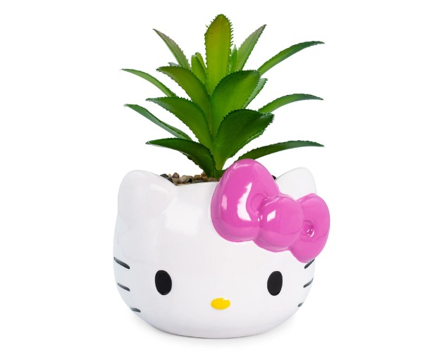 Sanrio Hello Kitty Face 3-Inch Ceramic Mini Planter With Artificial Succulent | Small Flower Pot, Faux Indoor Plants For Desk Shelf, Home Decor Trinket Tray | Cute Kawaii Gifts and Collectibles