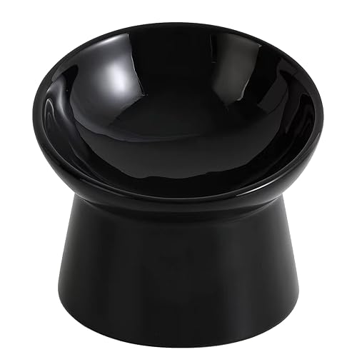Raised Cat Food Bowls Ceramic - Tilted Elevated Cat Bowl Anti Vomit - Whisker Friendly Shallow Cat Bowl - Stress Free Wide Cat Feeding Bowls for Dry Wet Food - Microwave and Dishwasher Safe - Black-large