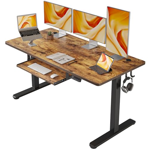 FEZIBO Standing Desk with Keyboard Tray, 55 × 24 Inches Electric Height Adjustable Desk, Sit Stand Up Desk, Computer Office Desk, Rustic Brown - 55*24 Inch - Rustic Brown
