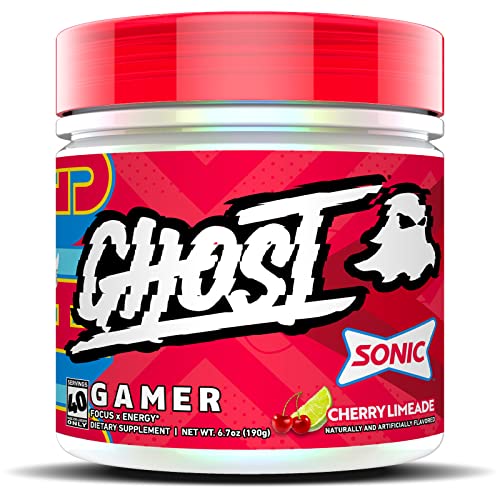 GHOST Gamer: Energy and Focus Support Formula - 40 Servings, Sour Patch Kids Blue Raspberry - Nootropics & Natural Caffeine for Attention, Accuracy & Reaction Time - Vegan, Gluten-Free - SONIC Cherry Limeade