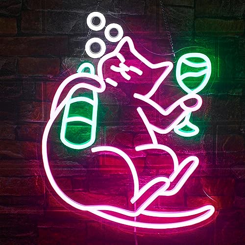 NOSUN Cat Beer Neon Sign, Funny Bar Neon Signs for Wall Decor, Dimmable Cat Led Sign, Pink Animal Bar Light up Signs for Bedroom Men Cave Home Bar Cat Theme Birthday Party Home Bar Area Decor - A-Cat