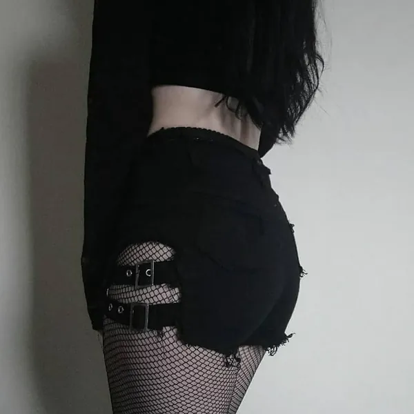 Goth 'Bad to the Bone' Black Goth Buckle Strap Shorts
