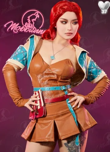 Triss Derivative  Costume Outfit High Slit Bodysuit and Skirt Coat with Gloves Belt Bag Necklace