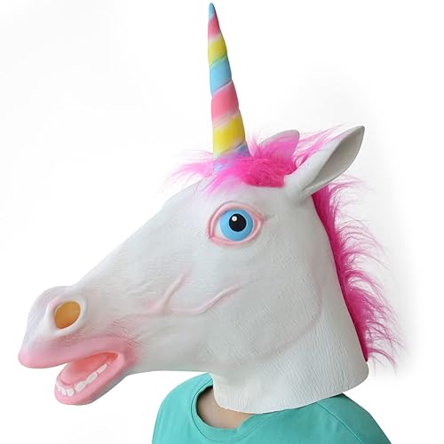 Voyiparty Unicorn Mask Deluxe Novelty Halloween Costume Horse Head Mask Latex Animal Head Mask Unicorn (Pink Hair)