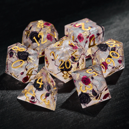 Black and Red Rose Resin DnD D&D Dice Set | Full Set