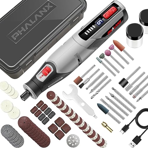 Rotary Tool - 4V Rotary Tool Cordless, PHALANX Rotary Tool Accessories 80 PCS 4000mAh Li-Ion Battery, Preset 9 Speed Adjustment Grinder Tool for Cutting Sanding Carving Polishing Engraver DIY Crafts - Grey-4v