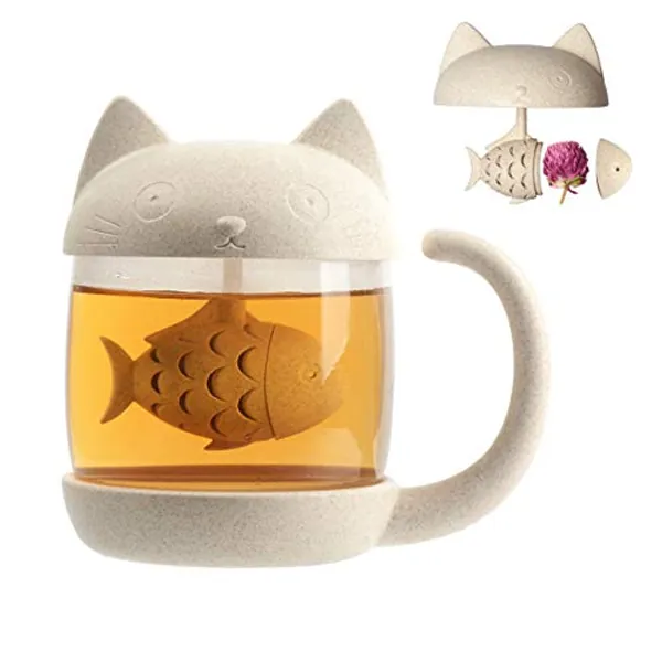Cymax 250 ml Cat Glass Cup Tea Mug with Fish Tea Infuser Strainer Filter, Perfect for Wedding, Birthday Gift,Mother Day,Father Day for Cat Lovers