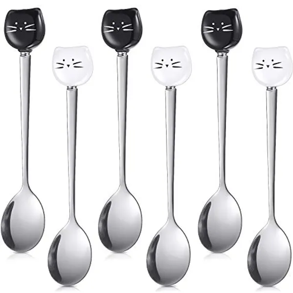6 Pieces Cat Coffee Spoon Cute Stainless Steel Cat Head Spoon, Lovely Spoon, Ice Cream Dessert Spoon for Stirring Tea Coffee Sugar Dessert (Black, White)