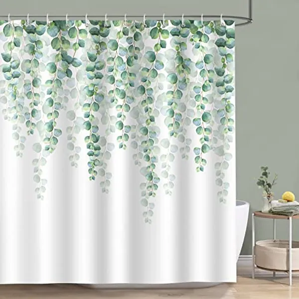Bonhause Eucalyptus Green Leaves Shower Curtain 180 x 180 cm Leaf Plants Bathroom Curtain Waterproof Mildew & Mould Resistant Polyester Fabric Bath Curtain with 12 Hooks