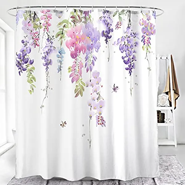 Floral 3D Shower Curtain Flowers Plants Waterproof Mould Proof Resistant Bathroom Washable Polyester Shower Curtains with Hooks Bath Wet Room Garden - 180 x 180 cm (72 x 72 Inch) White Purple Pink