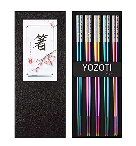 YOZOTI Stainless Steel Rainbow Color Chopsticks, Reusable Chopsticks, 5 Pairs Dishwasher Safe Metal Chopsticks, Easy to Use, Square Lightweight Chop Sticks - Gift Set - Dazzling