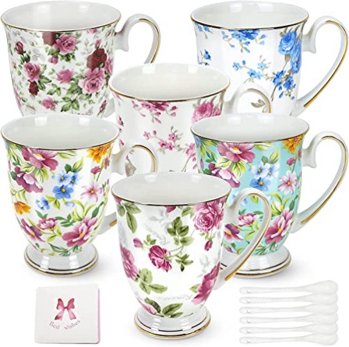 Bone China Mug, Set of 6, Bone China Classic Breakfast Cup, Euro Style Art Tea Cup, Coffee Cups, Flower Mugs, Tea Cup, Coffee Cups
