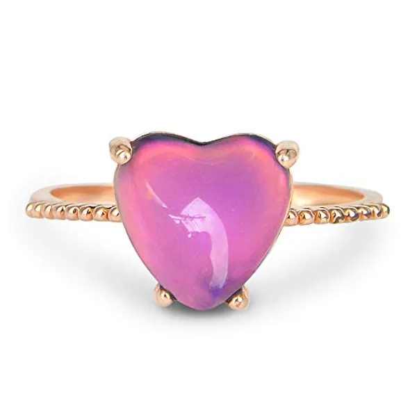 FUN JEWELS Minimalist Rose Gold Heart Mood Ring Crystal Color Change Stone Size Adjustable for Women Girls