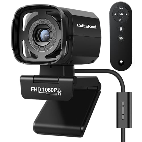 CofunKool Streaming Camera Full HD Webcam with Microphone and Remote, AI Auto Tracking, 1080P 30fps Video Calls, WDR, USB Web Camera for Laptop Desktop Computer PC Mac