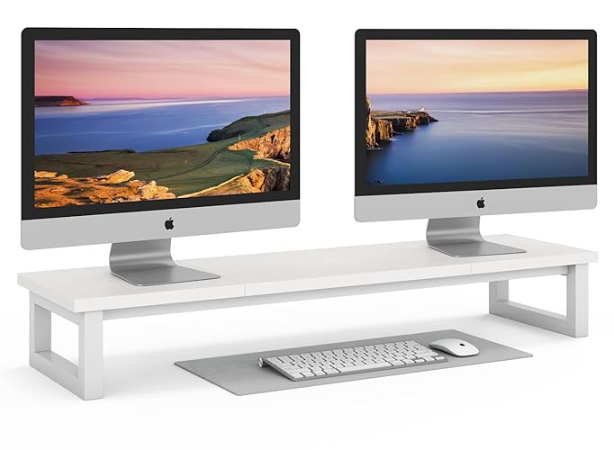 YAOHUOO Dual Monitor Stand Riser, 39Inch Large Monitor Stands for 2 Monitors, Computer Monitor Stand, Wooden Desktop Oraganizer Shelf for Office Desk Computer,Laptop,TV - White