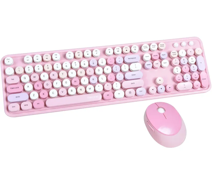 UBOTIE Colorful Computer Wireless Keyboard Mice Combo, Retro Typewriter Flexible Keys Office Full-Sized Keyboard, 2.4GHz Dropout-Free Connection and Optical Mouse (Pink-Colorful)