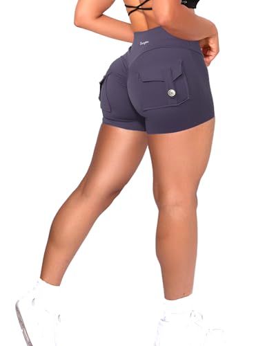 Danysu Women Pocket Shorts Cross High Waist Scrunch Butt Booty Workout Lifting Athletic Gym Bottoms - Volcano Ash - X-Small