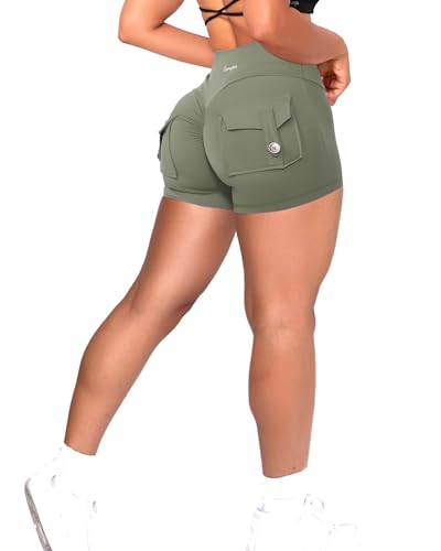 Danysu Women Pocket Shorts Cross High Waist Scrunch Butt Booty Workout Lifting Athletic Gym Bottoms - Seaweed Green - X-Small