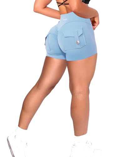 Danysu Women Pocket Shorts Cross High Waist Scrunch Butt Booty Workout Lifting Athletic Gym Bottoms - Paradise Blue - X-Small
