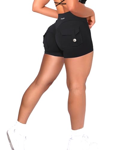 Danysu Women Pocket Shorts Cross High Waist Scrunch Butt Booty Workout Lifting Athletic Gym Bottoms - Black - X-Small