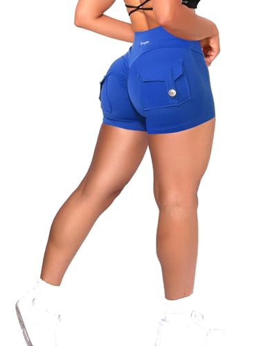 Danysu Women Pocket Shorts Cross High Waist Scrunch Butt Booty Workout Lifting Athletic Gym Bottoms - Egyptian Blue - X-Small