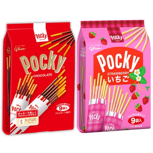 Pocky Family Pack Sticks, 2 Packs Variety Pack of Chocolate and Strawberry Cream Covered Biscuit, 9 Count Per Pack, Made in Japan