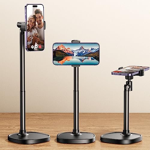 DIMONCOAT Cell Phone Stand for Desk, Angle Height Adjustable Phone Holder for Desk, Aluminum Alloy Universal Phone Stand Recording, Retractable iPhone Stand Holder Office for iPhone 15 Pro Max Plus - BLACK - 6X STABLE WEIGHTED BASE