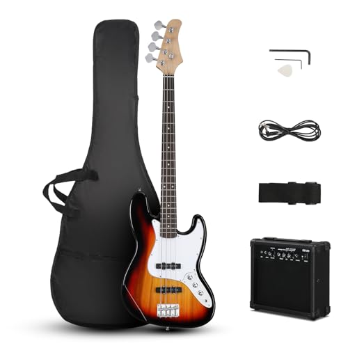 Ktaxon Electric Bass Guitar with 20Watt Amplifier, 4 String Right Handed Jazz Bass Kit for Beginner & Professionals W/a Bag, Shoulder Strap, Guitar Pick, Wrench Tool - Brown Sunburst - Brown Sunburst