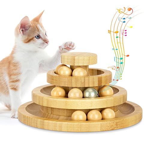 Tarnel Juguete para Gatos Interactivo de Madera de Doble Capa Giratorio Smart Track Ball balancín para Gatos, Pista Desmontable, Pelota con Campana(Three-Story) - Three-story