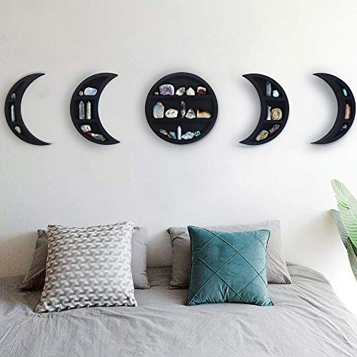 Gibbous Nimbus Large 12.2" Moon Phase Shelf Set (5 PCS) - Boho Wall Decor - Black Wooden Crescent Moon Crystal Display Shelf Decor…