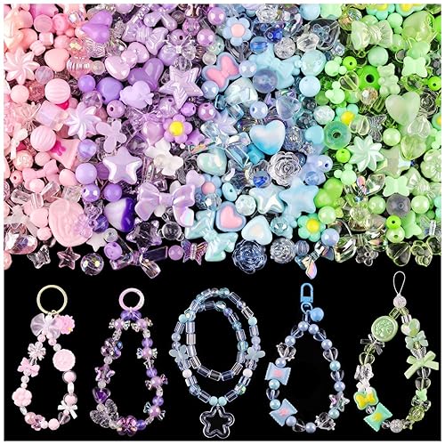 180-240PCS Assorted Acrylic Beads For Bracelet Making, Flower Bow Butterfly Candy Star Heart GummyBear Kawaii Aesthetic Bracelet Charms,Cute Beads For Jewelry Making DIY Necklace Keychain Phone Charms - 4 COLOR SERIES-PINK+PURPLE+BLUE+GREEN