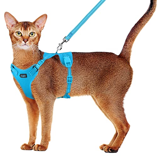 Supet Cat Harness and Leash Set for Small to Large Cats Adjustable Cat Vest Harness with Reflective Trim Universal Cat Leash and Harness for Cats/Puppies Outdoor Walking - Small (Chest: 13.7" - 15.7") - Lightblue