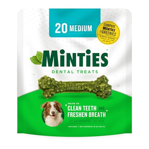 Minties Dental Chews for Dogs, 16 Ounces, Vet-Recommended Mint-Flavored Dental Treats for Medium/Large Dogs over 40 lbs, Dental Bones Clean Teeth, Fight Bad Breath, and Removes Plaque and Tartar - Medium Dogs - Mint - 1 Pound