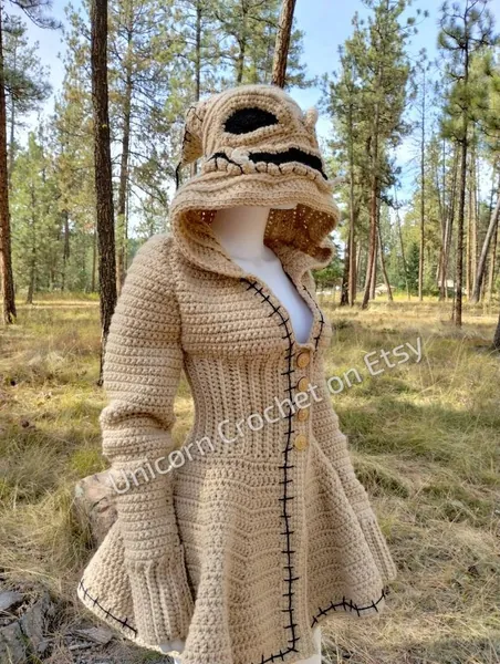 CUSTOM ORDER Burlap Chap coat bulky crochet coat warm cozy halloween festival outfit fitted sexy cosplay coat