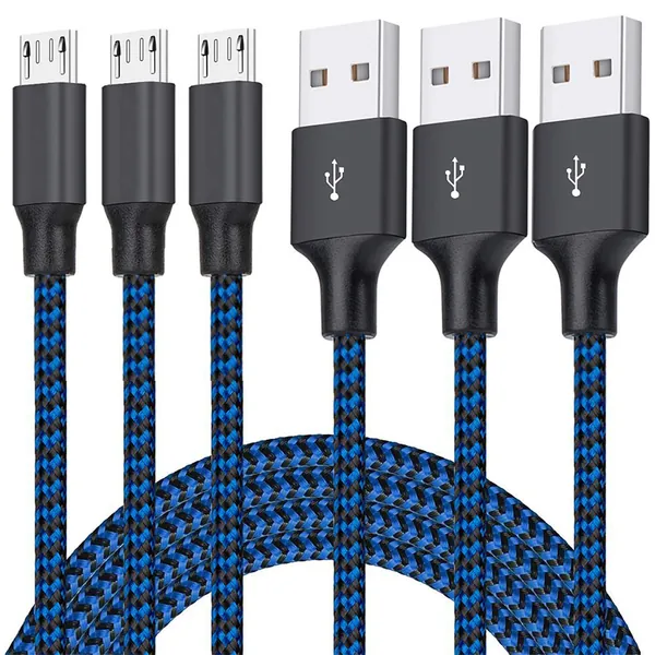Micro USB Cable, 3Pack 6FT Android Charger Cord Long Nylon Braided Sync and Fast Charging Cables Compatible Samsung Galaxy S6 S7 Edge, Kindle, Android & Windows Smartphones, Xbox, PS4 and More-Blue - Blue,Black