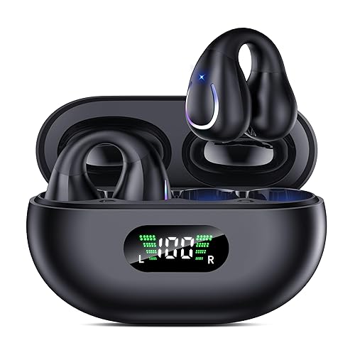 Open Ear Clip Wireless Earbuds Bluetooth 5.3, Sports Earphones Built-in Microphone with Earhooks & Ear Hook, Wireless Charging Case & Display, Waterproof Fitness Headphones for Sports - Q71 - jet black