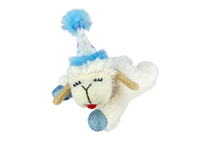 Multipet Lamb Chop w/Birthday Hat Blue 4" Pet Toy