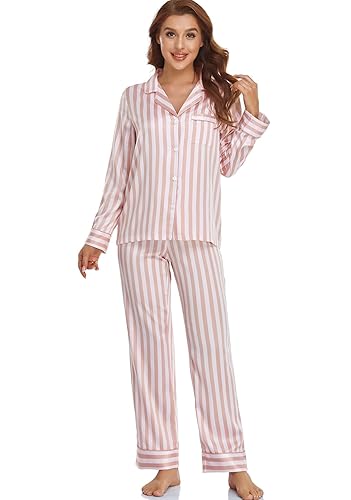 Serenedelicacy Women's Satin Pajama Set Long Sleeve Button Down Sleepwear 2-Piece Striped Silky Pj Set - Medium - Rose Smoke/Pale Pink, Stripe
