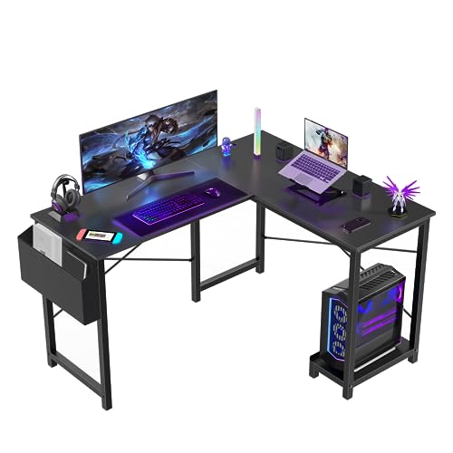Sweetcrispy L Shaped Computer Desk - Gaming Table Corner Desk 50 Inch PC Writing Black Desk Study Desks with Wooden Desktop CPU Stand Side Bag Reversible for Home Office Dorm Small Space - 50 Inch - Black