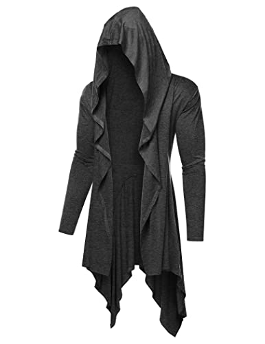 COOFANDY Long Hooded Cardigan Ruffle Shawl Collar Open Front Lightweight Drape Cape Overcoat with Pockets - Dark Grey - X-Large