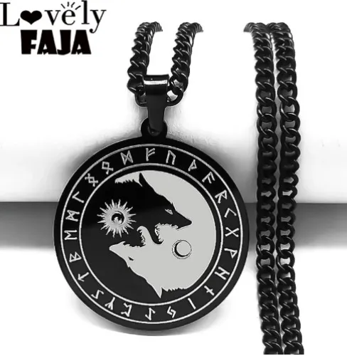 Viking Stainless Steel Divination Letter Yin and Yang Wolf Chain Necklaces
