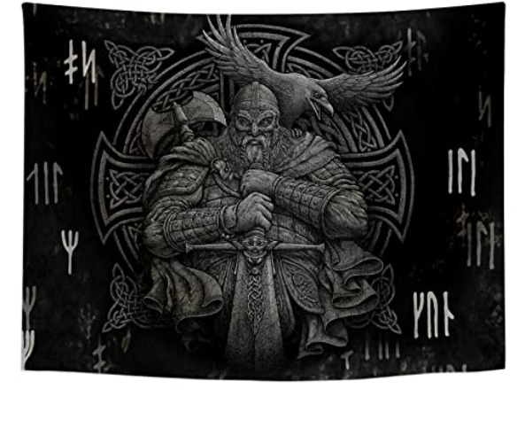 Arsey Wikinger Deko Wandteppich Nordisch Mythologie Odin Warrior Schwert Axt Rabe Kreuzknoten Tattoo Meditation Runen Wandtuch Gobelin Tapisserie Wohnzimmer Schlafzimmer Grau 150cm x 130cm - Odin - 150cm x 130cm