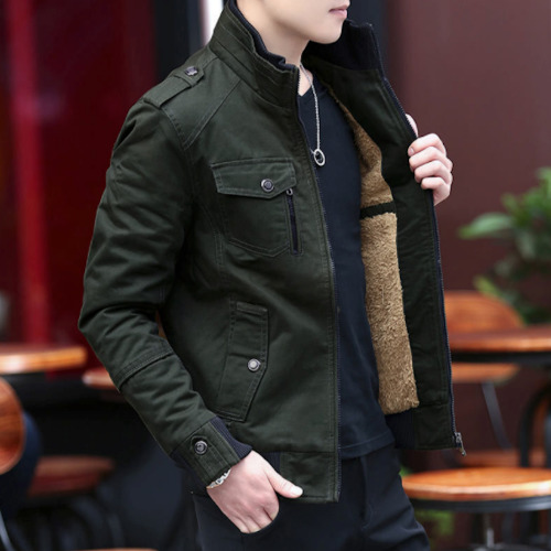 Mens Military Style Jacket with Faux Fur Lining - Army Green / S