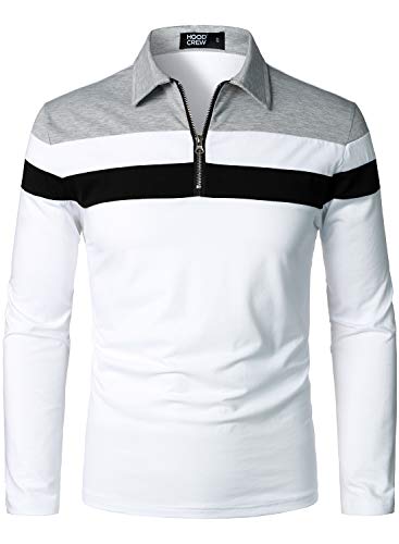 HOOD CREW Mens Casual Long Sleeve Polo Shirts Contrast Color Patchwork Cotton Tee Tops - S - White