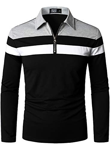 HOOD CREW Mens Casual Long Sleeve Polo Shirts Contrast Color Patchwork Cotton Tee Tops - S - Black