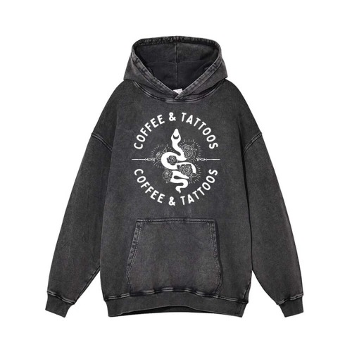 Coffee and Tattoos Snake Rose Vintage Washed Hoodie - Black